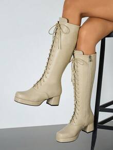 Over-The-Knee Thigh High Lace-Up Boots, Waterproof Platform Tall Boots, High Heel Equestrian Boots, Dance & British Style - Beige - View 3