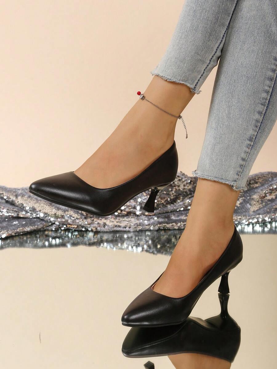 Escarpins à bout pointu pour femmes, talons hauts fins, chaussures de travail minimalistes à faible décolleté - Noir - Voir 1