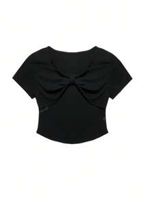 Unique Square Neck Short Sleeve T-Shirt, Bow Detail Design, Slim Fit & Flattering
