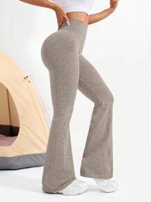 女式高腰纯色无缝喇叭形瑜伽紧身裤 - 卡其色 - 查看 5