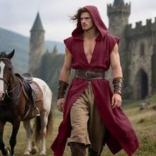 2025Joukavor Medieval Sleeveless Surcoat Renaissance Tabard For Men Halloween LARP - 酒紅色+中號 - 查看 3