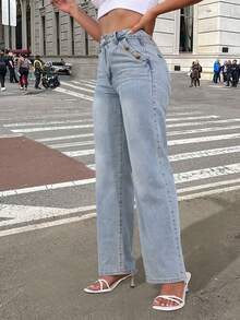 Women's Casual Loose Straight Leg Jeans, Paired With Multiple Button Decorations, Suitable For All Seasons, Including Daily Outings, Back To School Season, Back To School Season, And Rural Concerts - Rửa nhẹ - Xem 1