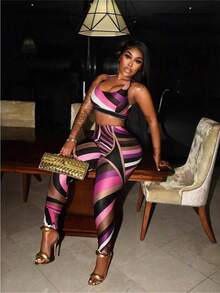 New Women's Clothing, Fashionable And Sexy Contrasting Color Printed Top, Vest And Trousers Set - 紫色 - 查看 1