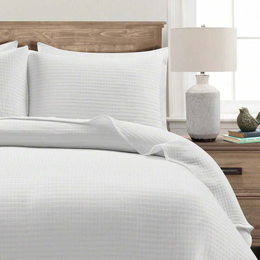 LUSH DECOR Solid Kantha Pick Stitch Yarn Dyed Cotton Woven Quilt/Coverlet Light Gray/White 3Pc Full/Queen Halloween-Fall Decor-Room Decor - trắng - Xem 1