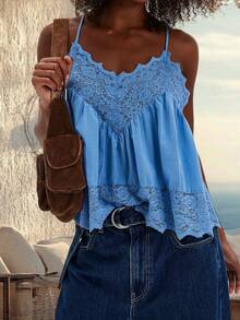 Babydoll Tops For Women Y2k Lace Boho Tops Sleeveless Spaghetti Strap Tank Tops Solid Color See Through Cami Tops V Neck Backless Loose Fit Shirts Going Out Smocked Tops Beach Vacation Peplum Tops Streetwear Vintage Clothes - Màu xanh lam - Xem 1