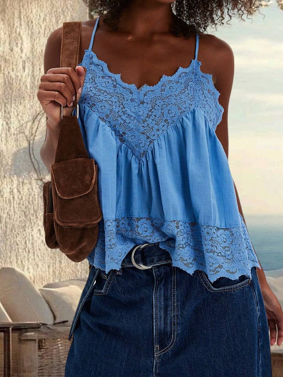 Babydoll Tops For Women Y2k Lace Boho Tops Sleeveless Spaghetti Strap Tank Tops Solid Color See Through Cami Tops V Neck Backless Loose Fit Shirts Going Out Smocked Tops Beach Vacation Peplum Tops Streetwear Vintage Clothes - Màu xanh lam - Xem 1