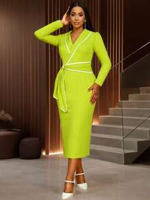 Women Long Sleeve Ruched Wrap V Neck Sheath Office Dress Color Block Midi Party Wear To Work Dresses With Belt Christmas Party Dress,Chic Evening Dress Stylish Clothing Collection - 綠色 - 查看 4