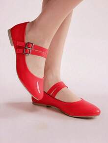 Zapatos planos negros estilo Mary Jane con plataforma perforada y tacón bajo, mocasines casuales con hebilla y cómodos zapatos Oxford con punta cuadrada, versátiles para uniformes escolares. - Rojo - Ver 2