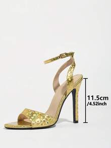 女士圆头纯色金属六角纹理带交叉踝带细高跟凉鞋，优雅时尚迷人派对金色高跟鞋，适合所有季节