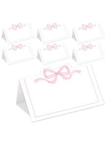50 piezas Tarjetas de mesa con lazo rosa, tarjetas de nombre de estilo carpa con lazo lindo, tarjetas de asignación de asientos en blanco, suministros de decoración de mesa de fiesta de cumpleaños para decoración de mesa de fiesta de cumpleaños, regalos, decoraciones de graduación, cumpleaños, decoraciones de fiesta, decoraciones de boda, verano, playa, regreso a la escuela, útiles escolares, decoración de habitación
