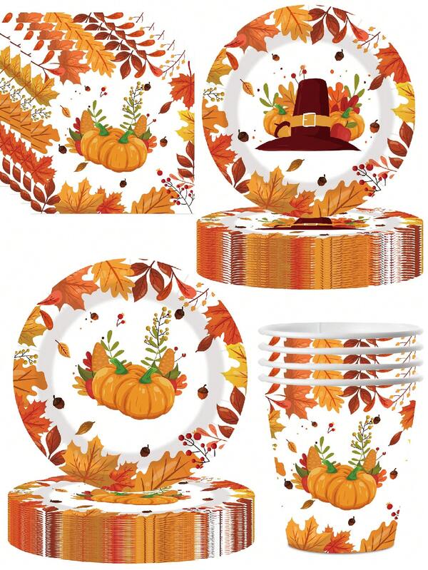 10pcs Thanksgiving Pumpkin Maple Theme Birthday Party Decoration Supplies Paper Plates Paper Cups Paper Towels Tableware Camping Camping Travel Party Supplies