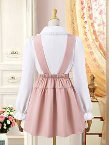 Girls' Lace Patchwork Turndown Collar Shirt With Suspender Skirt, Suitable For Spring And Autumn