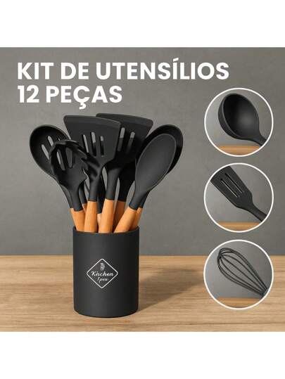 Kit de Utensílios de Cozinha em Silicone Várias Peças Jogo Conjunto Completo Casa