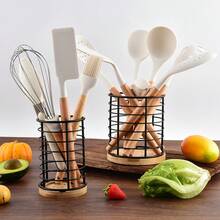 2 Packs,Utensil Holder For Kitchen Counter Large Round With Wooden Base Cooking Utensil Holder Utensil Organizer ,(Metal+Bamboo) 1 Big+1Small,Pastoral Style Kitchenware Storage Tank,2 Pcs Iron Tableware Jar, Home Decor, Party & Christmas Storage - Black - View 11