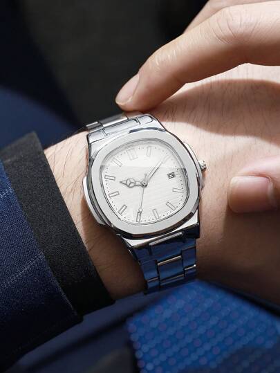 1pc Square Dial Calendar Stainless Steel Quartz Business Wrist Watch, No Horloge Box Included view 4