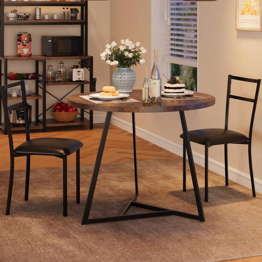 Modern Round Dining Table And Chairs Set,3 Piece Bistro Table With 2 PU Cushion Chairs,Wood Dinning Room Table Furniture Set For Kitchens, Apartments - 復古色彩 - 查看 1