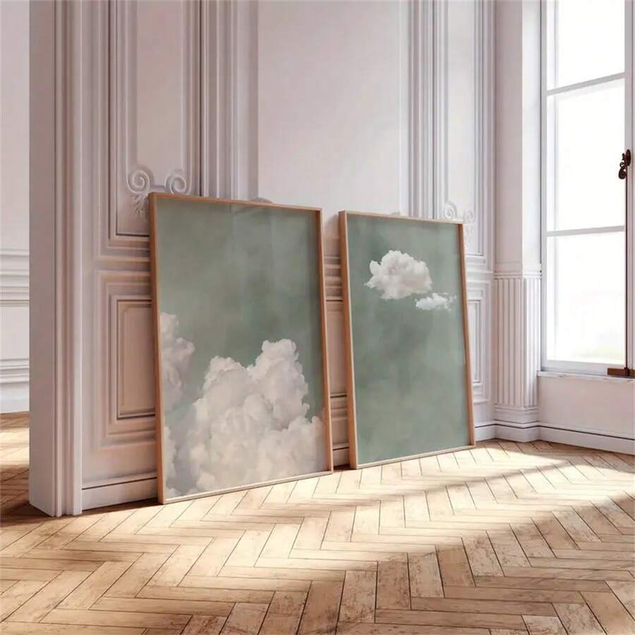 1 pezzo/2 pezzi Poster d'arte da parete con nuvole verdi salvia e coda di topo - Stampe su tela astratte moderne del cielo per soggiorno, camera da letto, dormitorio e decorazione domestica - Regalo perfetto, cornice opzionale - Multicolore - Visualizzare 1