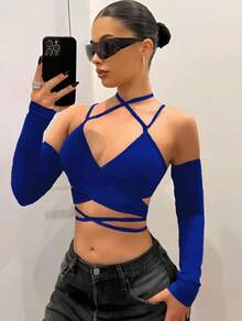 Crop Top sexy con cintas envolventes mangas largas, hombros descubiertos para  Fiesta  Sexy    Tela    Cordones Falsos  asimétrico  Cinta  Asimétrico    Noche de fiesta  Vacaciones  Diario  Despedida de soltera  Escenario y concierto  Concierto de música country  Deportes y fitness    primavera-verano otoño-invierno - azul real - Ver 1
