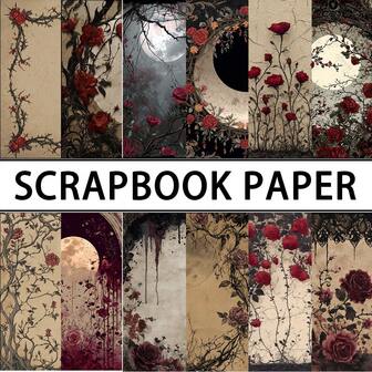 12/24PCS Vintage Red Rose Scrapbook Paper 5.9*5.9inch Single Side Craft Supplies Scrapbooking Decorative Paper, Scrapbooking Craft Cardstock Paper, DIY Decorative Background, Card Making, Junk Journals, Creative Material Paper
