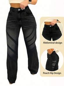 Women's Casual Straight Leg Jeans, Paired With Striped Decorations, Suitable For All Seasons, Suitable For Daily Outings, Back To School Season, Back To School Season, Rural Concerts - 黑色 - 查看 2