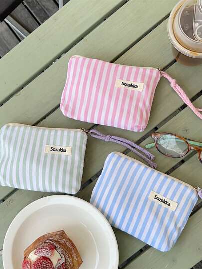 1 Fresh And Sweet Striped Coin Purse Lipstick Powder Puff Small Makeup Bag Portable Miscellaneous Storage Bag Suitable For Daily Use By Women And Girls For Women Money Wallet Mini Wallet Purse Wallet Fall Travel Wallet Coin Wallet
