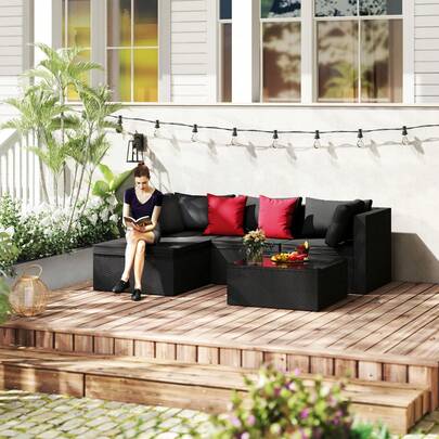 VA-Cerulean Garden And Leisure Area Polyethylene Rattan Leisure Furniture Set Garden Furniture Black Balcony Furniture Seating Set Includes Sofa, Armchair, Footstool, Table And Garden Sofa With Seat Cushion, Suitable For Weatherproof Outdoor Furniture In The Garden, On The Terrace Or Balcony