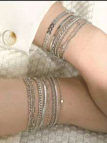 15pcs Minimalist Elegant Heart, Bead, Plane, Snake Bone, Chain Bracelet Set, Versatile Daily Wear - Silver - View 3