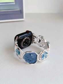 1 Stück Neues kreatives Ölgemälde Smartwatch-Band für Frauen, elastisches Metallarmband in Gold kompatibel mit Apple Watch Armband Ultra 2 49mm 45mm 44mm 38mm 40mm 41mm 42mm 46mm, modisches luxuriöses asymmetrisches geometrisches Damen-/Mädchen-Armband kompatibel mit Apple Watch Series