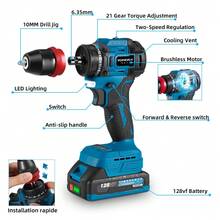 Yofidra 2 In 1 Brushless Electric Screwdriver Electric Screwdriver Cordless Impact Drill Power Tool Set - 2 Battery Set-eU Plug - View 5