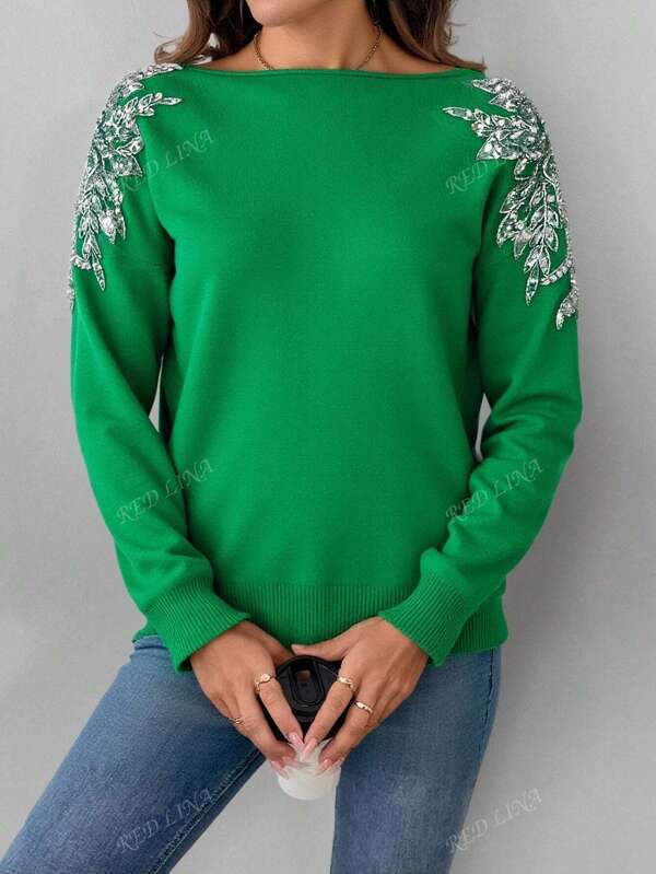LINA Jersey Holgado Cuello Redondo Manga Larga Aplicaciones Brillos y mezcla de mohair de angola, versátil para todas las temporadas, de moda para fiestas y ocasiones festivas