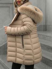 Giolshon 女士休闲连帽夹克，带口袋，轻便羽绒服，适合日常穿着 - 米色 - 查看 3