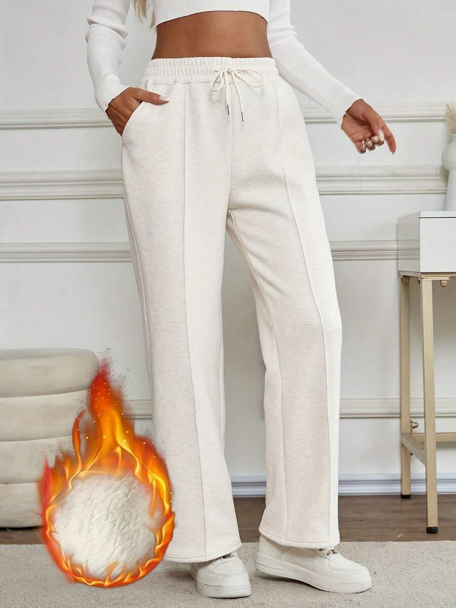 Women's Thermal Lined Solid Color Warm Casual Sports Sweatpants With Drawstring Pockets, Outdoor Long Pants For Autumn/Winter,Fleece