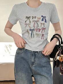 Butterfly Print Crew Neck Cinched Waist Short Cropped T-Shirt - Grey - View 4