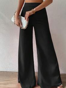 Pantalones anchos de traje casual con cremallera elegante de color sólido, pantalones de traje holgados casuales de color sólido para mujer exquisitos y de moda, adecuados para el uso diario en varias ocasiones. - Negro - Ver 2