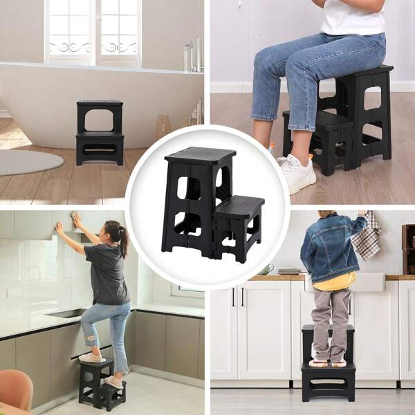 Taburete de escalera de plástico de 2 pasos, taburete plegable, taburete para lavar el coche, taburete plegable de 2 pasos para adultos, antideslizante, seguro y portátil, adecuado para oficina, garaje, biblioteca, armario - Material de plástico duradero, multiusos