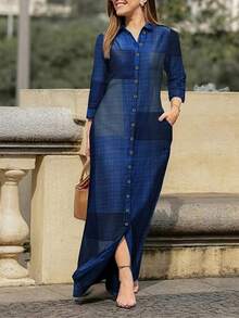 Women's Cotton Turn-Down Collar Long Dress Holiday Casual Floral Print Button-Down Shirt Style Maxi Dress - màu xanh da trời - Xem 2