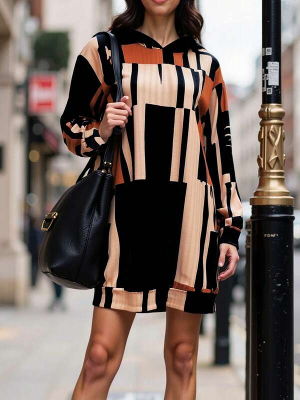 Damen Langarm Kapuzen Sweatshirt Kleid, geometrisches Muster mit Taschen, ideal für Lässig & Herbst, Must-Have Herbstgarderobe, stilvoller Komfort, Lässig Herbst Kleider für Damen, Business Lässig Outfits für Frauen