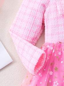 女童长袖格子撞色网眼优雅连衣裙（配包） - 粉色 - 查看 6