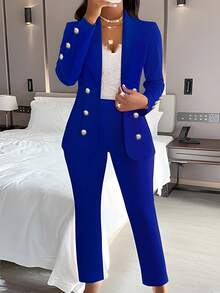 Women's Solid Color Front Button Pocket Double-Breasted Casual Suit Two Pieces Set, Autumn/Winter Spring - Blue - View 2