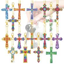 16pcs Religious Theme DIY Double-Sided Diamond Painting Hanging Decor, Unique Floral Cross Keychain, Handmade Diamond Painting Kit, Backpack Pendant, Clothing & Hat Decor, Handcraft Gift, Beginner Craft Set, Includes Keychain, Improves Hands-On Ability, Holiday Gift, Holiday Decor, DIY Acrylic Small Hanging Ornament