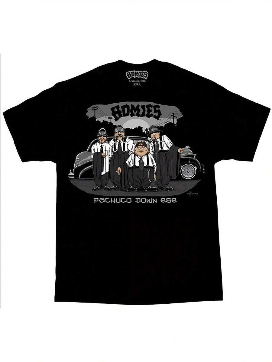 DGA Men's Black Homies Pachuco Lowrider Chicano Art Graphic T-Shirt By David Gonzales - Vintage Streetwear Design, Regular Fit Short Sleeve Casual Tee For Adults, Allseason Apparel | Machine Washable Top, PLUS SIZE - Black - View 1