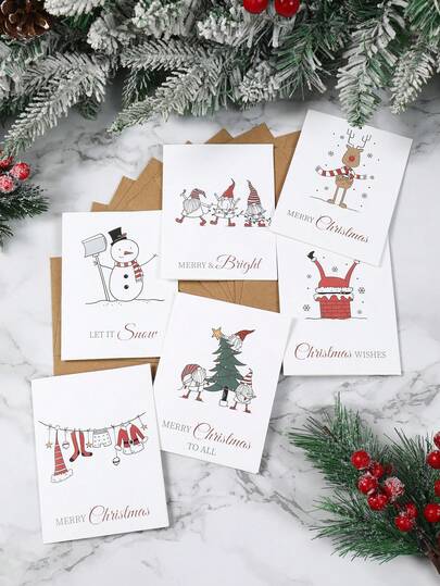 12 zestawów świątecznych kartek z życzeniami z krasnalami, bałwanem, wzorem łosia, kartki świąteczne w stylu szkicowym, w tym kartka z notatkami i koperta, dekoracja na Boże Narodzenie, upominki na przyjęcie świąteczne, dekoracje świąteczne, ozdoby świąteczne do domu, prezent świąteczny dla przyjaciół i rodziny
