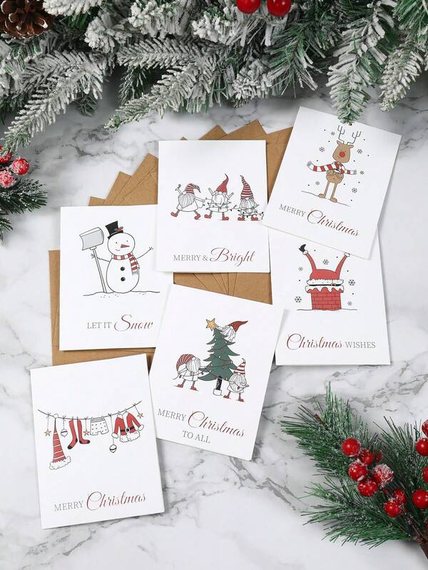 Conjunto de 12 cartões de Natal com gnomos, boneco de neve, design de alce, cartões de Natal em estilo esboçado, incluindo cartão de visita e envelope, decoração de Feliz Natal, lembrancinhas de festa de Natal, decoração de Natal, decorações de Natal para casa, presente de Natal para amigos e familiares
