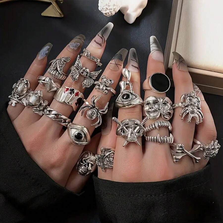 24pcs Gothic Bone Mixed Blood Ring Set Punk Gram Butterfly Frog Female Male Jewelry Hip Hop Party Street Ring Accessories Gift - 復古銀色 - 查看 1