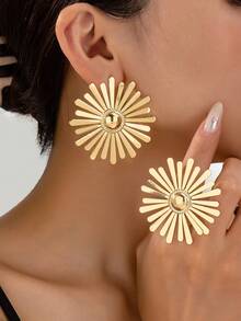 1 Set Minimalist Stylish Versatile Exaggerated Asymmetrical Design Rings And Earrings Suit, Suitable For Vacation And Daily Wear - Geometric Set - View 17