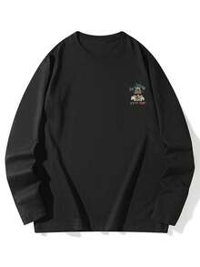 Women's Loose Fit Cotton Letter & Cartoon Duck Print Long Sleeve T-Shirt, Versatile For Spring & Autumn - Black - View 5