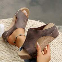 Ladies' Retro Wedge Sandals - Side Open Hollow Design, Comfortable Summer Platform Shoes, Casual Slip-On Design, Artificial Covering Fabric And EVA/PVC Sole, Stylish Metal Buckle Details