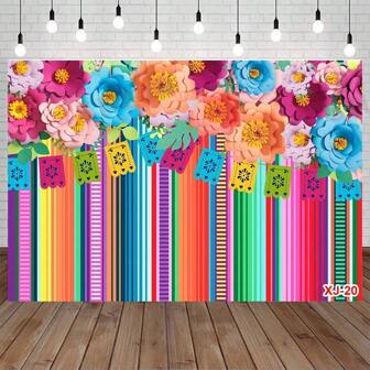 Decoración de fiesta con tema mexicano: Fondo de papel a rayas, flores de papel, decoración de fiesta para mesa de pastel, decoración de cabina de fotos