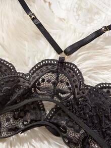 1pc Women's Black Sexy Open Crotch Lace Bodysuit, Backless Sheer Bowknot Bodystocking, Suitable For Home Or Private Party Use, Sexy Lingerie