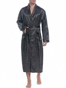 Lavenderi Mens Silky Satin Lounge Robe, Long Lightweight Sleepwear - Grey Print - View 7